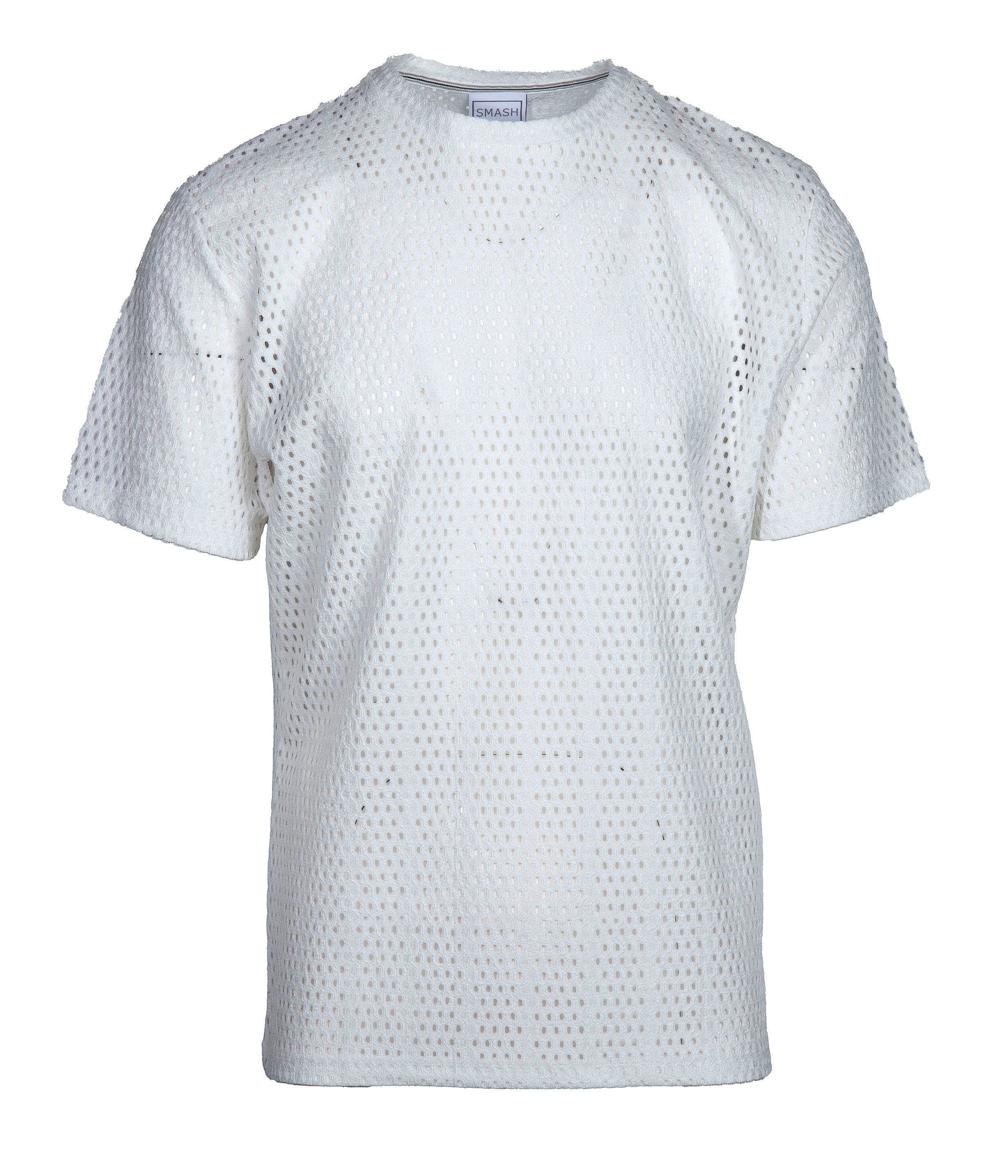 White perforated cotton smash gossamer lace top with round neckline and short sleeves for casual wear