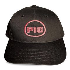 Black snapback cap with pink embroidered pig logo in a circular design spunky monkee cap pig model
