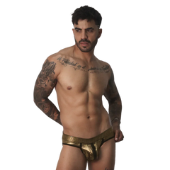 Metallic gold jockstrap with a contoured pouch, dark trim, and a wide, textured elastic waistband.