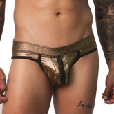 Metallic gold jockstrap with a textured finish, black trim, and a functional front zipper closure.