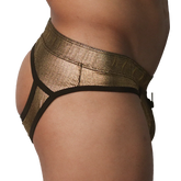 Metallic gold jockstrap with a textured, shimmering finish and black trim detail, shown from a side profile.