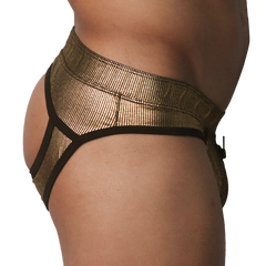 Metallic gold jockstrap with a textured, shimmering finish and black trim detail, shown from a side profile.