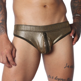 Metallic gold ribbed brief with a center front zipper and dark trim on a muscular torso.