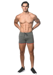 Gray sprinter stretch gym shorts with orange trim heat weld zippers and drawstring waistband for athletic use
