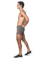 Gray sprinter stretch gym shorts with orange trim and heat weld zippers featuring drawstring waistband and side pockets