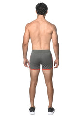 Gray sprinter stretch gym shorts with heat weld zippers and red trim along the hem for athletic use