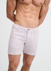 ST33LE periwinkle tweed look jacquard stretch knit shorts worn by a shirtless model on a white background.