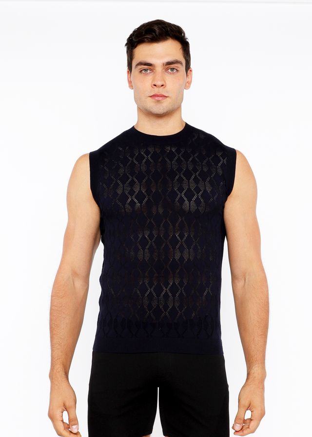 Black sleeveless knit vest with subtle diamond pointelle pattern made from soft breathable fabric