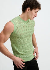 A man models the ST33LE menthol green open-knit pointelle vest tank top against a plain white background.