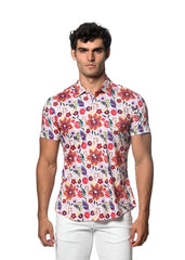 A vibrant garden print stretch knit short-sleeve shirt in white with bold red orange and purple floral patterns