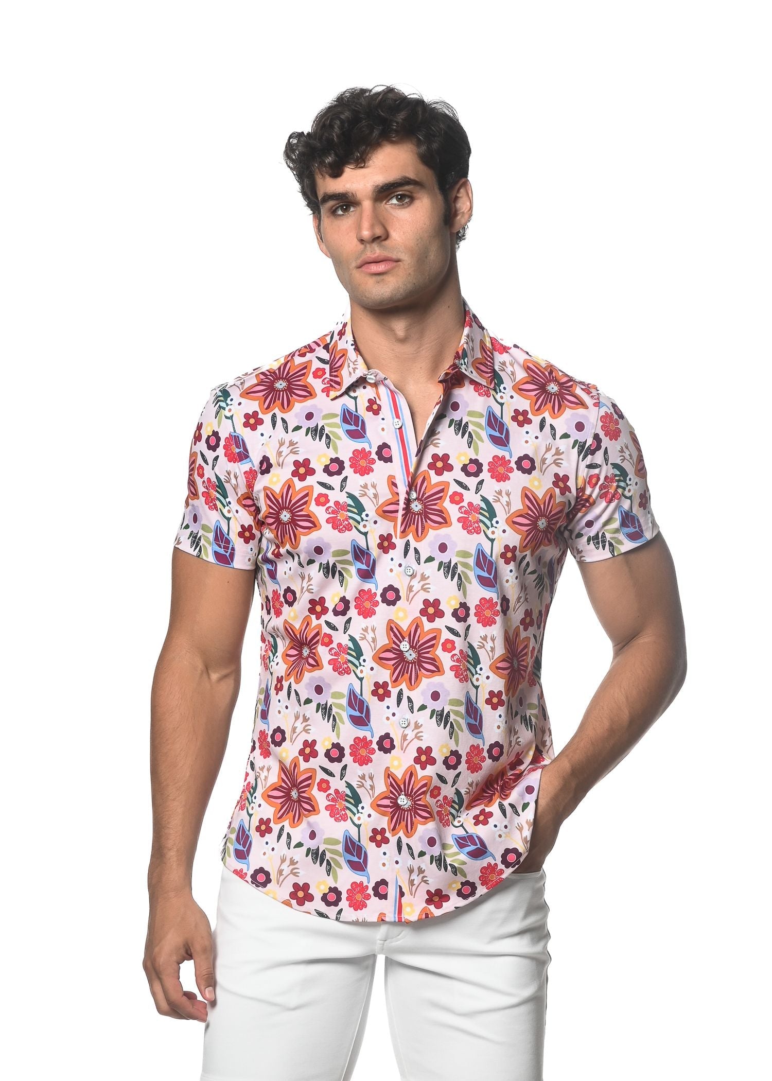 A vibrant garden print stretch knit short-sleeve shirt in white with red orange and purple floral pattern