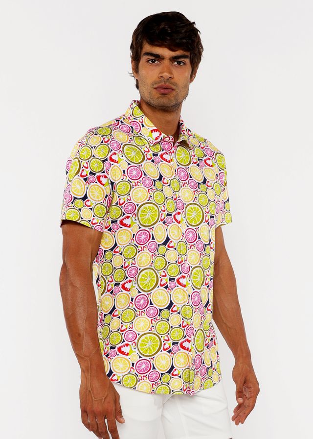 Fruits print stretch knit shirt with short sleeves featuring a vibrant pattern of sliced limes lemons and strawberries