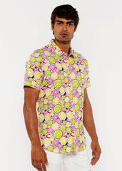 Fruits print stretch knit shirt with short sleeves featuring a vibrant pattern of sliced limes lemons and strawberries