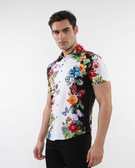 Floral border print stretch knit shirt with vibrant tropical floral and butterfly design on white and black background