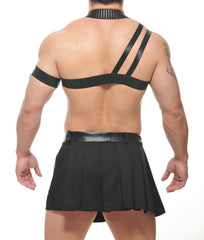 Black leather beta spartan harness with ribbed texture paired with matching pleated skirt front view