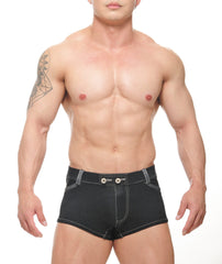 Black denim conner denim shorts with silver stitching and buttoned waistband for casual summer wear