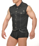 Black denim sleeveless vest with silver toned buttons and contrasting stitching from durango denim muscle vest collection