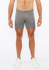 Gray jaquard stretch knit chino shorts with subtle white polka dots made from lightweight fabric front view