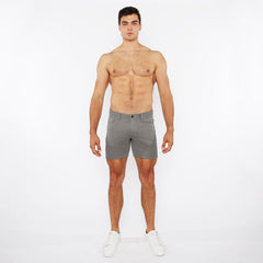 Gray jaquard stretch knit chino shorts with subtle white polka dots made from lightweight fabric for casual wear