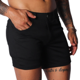 Fitted black denim-style shorts with a button closure, front pockets, and a clean, minimalist design.