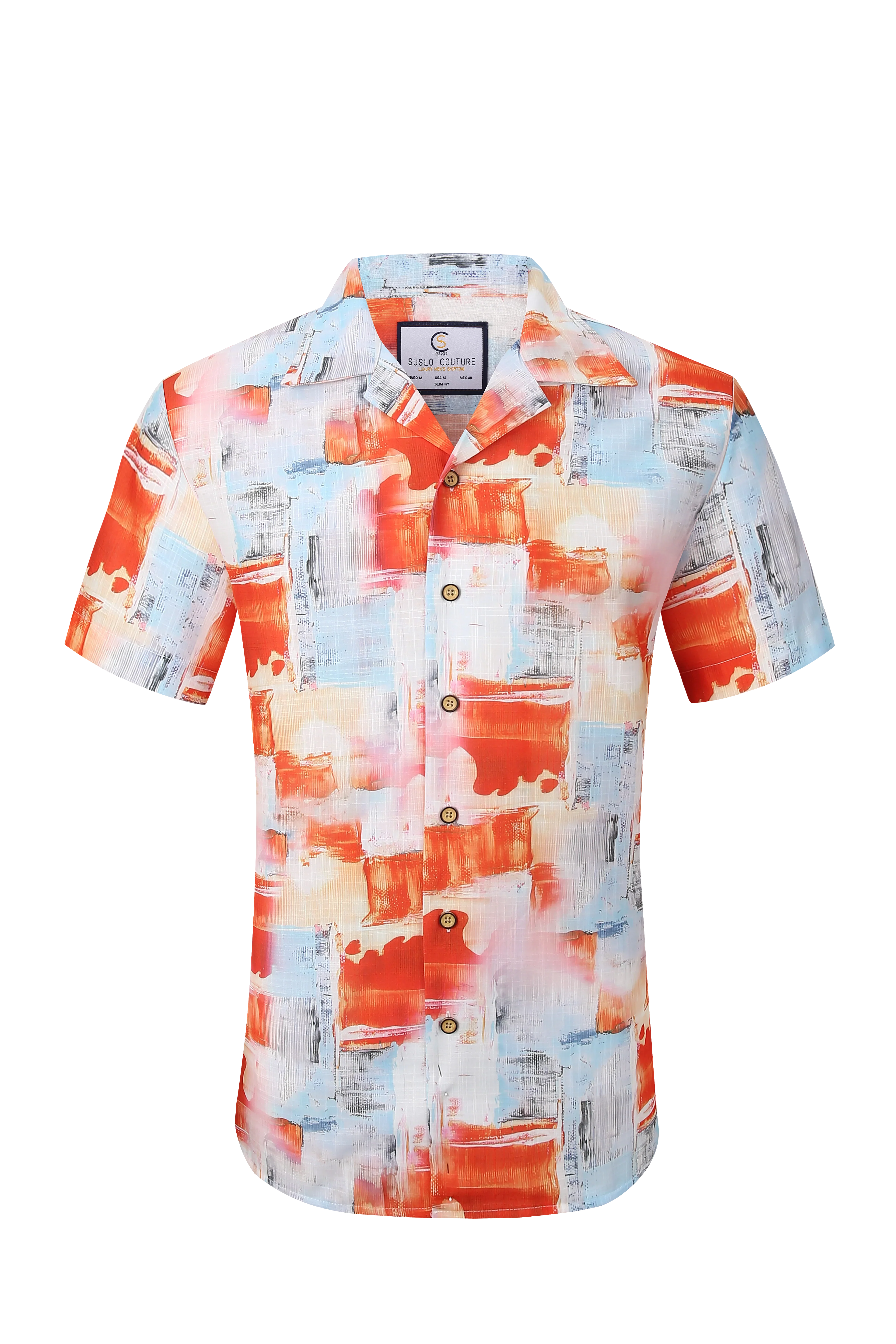 Vibrant orange and light blue abstract brushstroke patterned short-sleeved button-up shirt from tropics collection ss shirt
