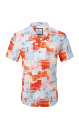 Vibrant orange and light blue abstract brushstroke patterned short-sleeved button-up shirt from tropics collection ss shirt