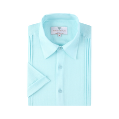 A light blue linen air short-sleeved slim fit shirt with pleated detailing along the sides