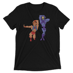 Black short-sleeved t-shirt featuring colorful he-man and skeletor graphic from eternia is burning collection