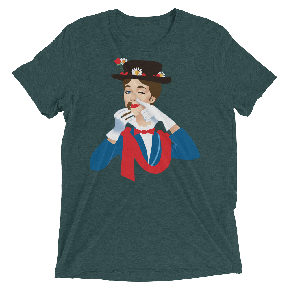 Dark green heathered cotton t-shirt mary poppers featuring colorful graphic of woman in top hat with daisies and gloves