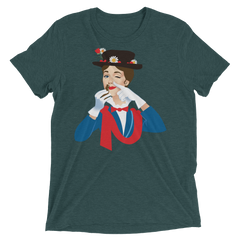 Dark green heathered cotton t-shirt mary poppers featuring colorful graphic of woman in top hat with daisies and gloves