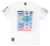 White short-sleeved cotton switch thrashed tee with vibrant multicolored abstract horizontal bands on chest and sleeves