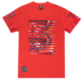 Vibrant red switch thrashed tee with bold multicolored abstract horizontal stripes and ripped sleeve accents