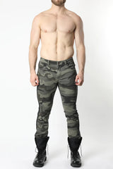 Men’s slim-fit Saddle Denim camouflage pant in dark green and black denim with a slim camouflage pattern