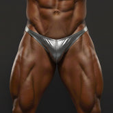Shiny silver metallic briefs with sleek form-fitting design from metromalewear posingwear shiny black posing suit collection