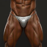Silver metallic thong with chain belt from metromalewear posingwear silver chain posing suit shown from the back