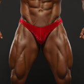 Red velvet thong with subtle lace pattern from MetroMaleWear posingwear simple RED velvet posing suit front view