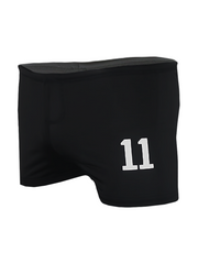 Black square trunk athletic shorts with white 11 number embroidered on the front for sports and casual wear