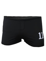 Black square trunk swim trunks with a white 11 number on the side for casual swimwear use