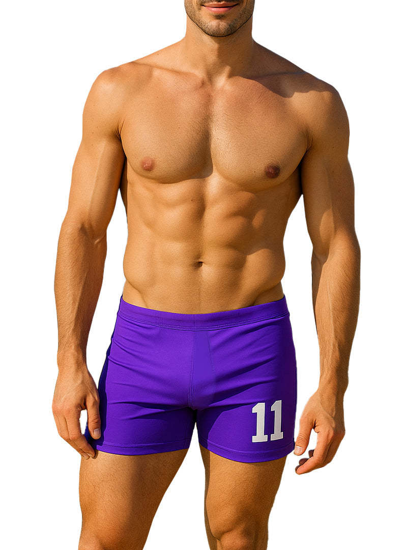 Purple square trunk athletic shorts with white number 11 on lower right leg designed for active wear