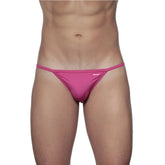 A vibrant pink form-fitting thong bikini made of smooth fabric with a small brand tag on the waistband
