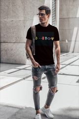 Black short-sleeved T-shirt by T-SHIRT MONKEY with colorful classic video game graphic including Pac-Man and Space Invaders