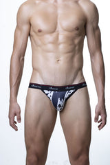 Black and white patterned men’s geometric tanga bikini briefs with branded waistband from groovin underwear