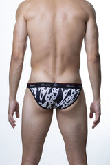 Men’s black and white geometric tanga bikini briefs with bold abstract pattern from groovin underwear model tgp1802