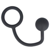 Matte black silicone Titus C-ring and connected anal ball toy on white background.