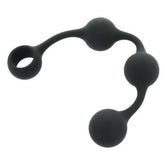 Black silicone weighted anal toy with a curved string of three graduated spheres and a pull ring at one end.