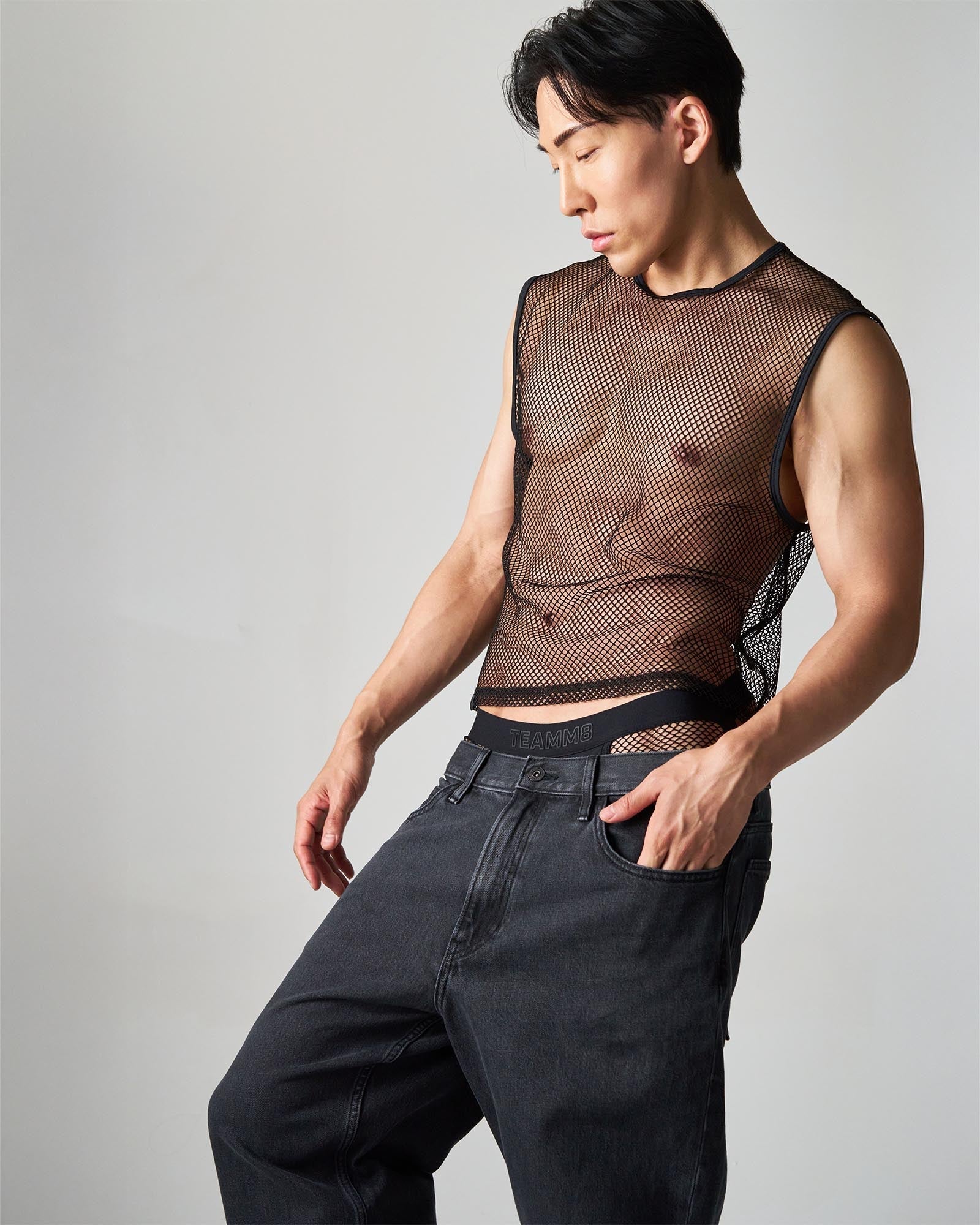 Black mesh sleeveless top edge net mesh muscle tank with fitted semi transparent design for stylish layering