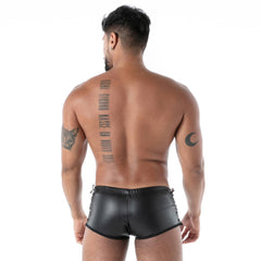 Black faux leather kinky laced trunk briefs with side ties and a sleek form-fitting design