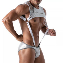 Adjustable suspenders made of silver metallic mesh with white leather straps and zipper detail for edgy style