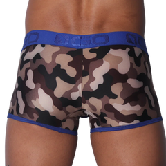 Camouflage-print trunks with a blue branded elastic waistband and blue trim along the leg openings.