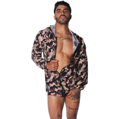 Gigo Trend hooded zip-up jacket in brown camo print with a lightweight, technical fabric finish.